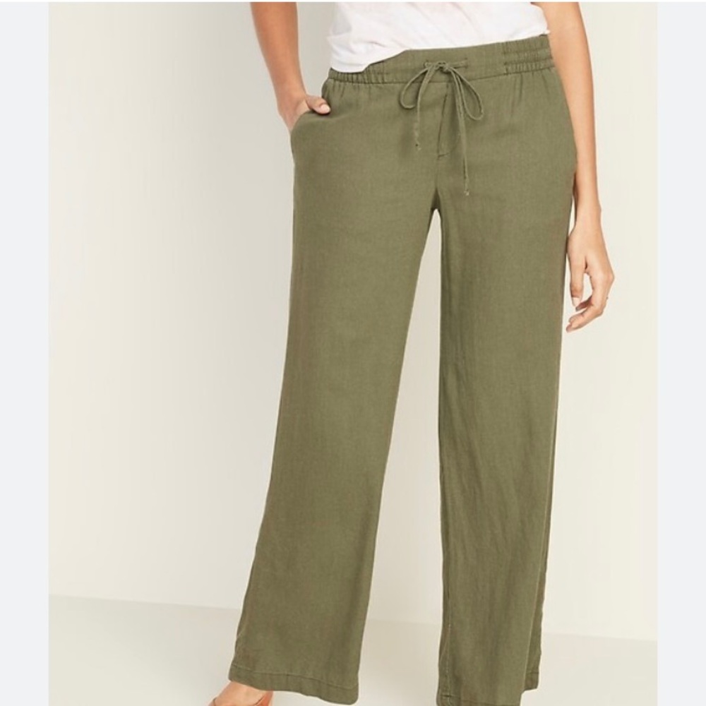 Old Navy Wide Leg Linen Blend Casual Drawstring Pants in Olive Green Womens Sz M